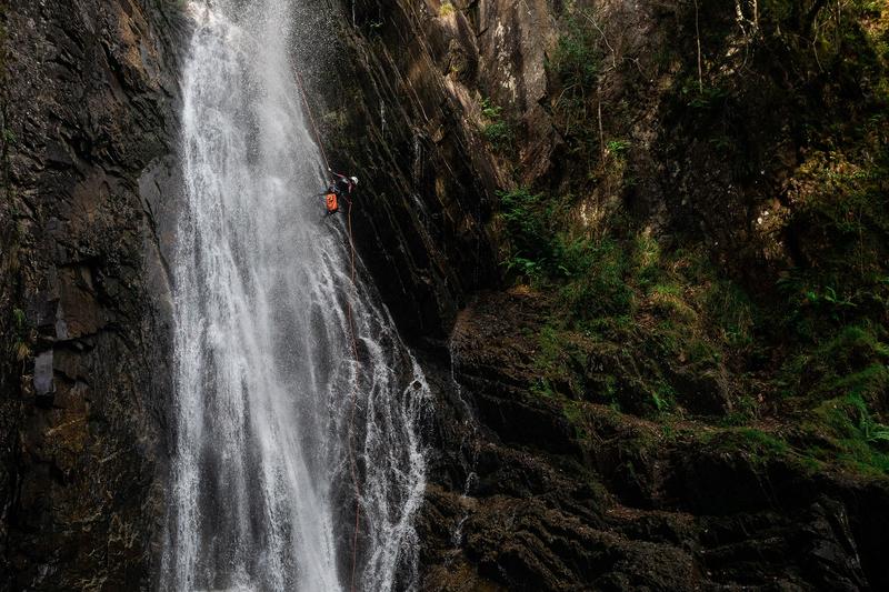 A wide angle shot of canyoning.